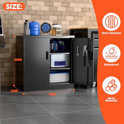 LOCENHU Armario de metal con placa perforada y ganchos, 80 cm de alto, 2 estantes ajustables, adecuado para el hogar, oficina, garaje, escuela, bricolaje (negro) - imagen 3