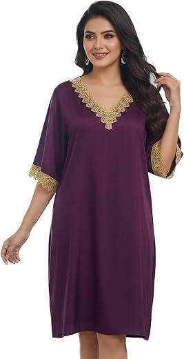 FAB STITCH Women’s Silk Blend Nightgown – Elegant V-Neck Sleepwear with Gold Lace Trim, Short Sleeve Knee-Length Loungewea...
