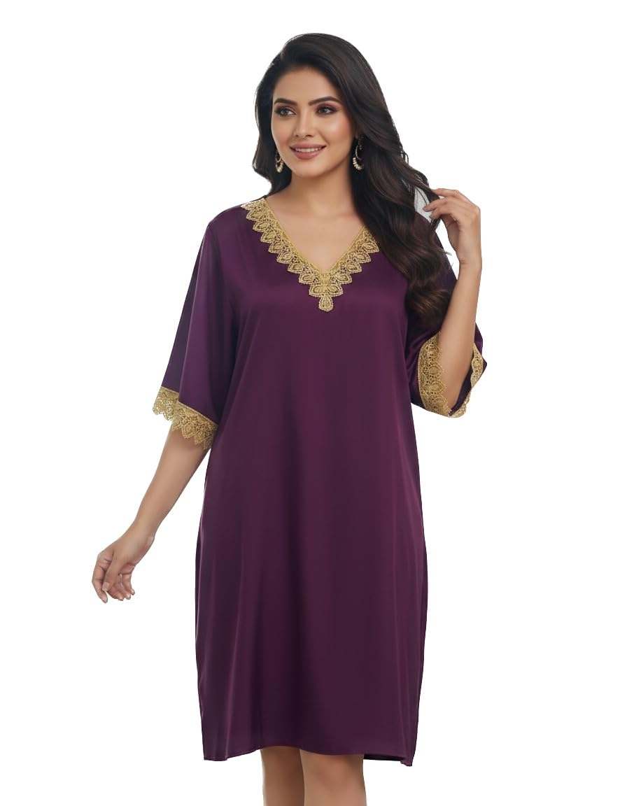 FAB STITCH Women’s Silk Blend Nightgown – Elegant V-Neck Sleepwear with Gold Lace Trim, Short Sleeve Knee-Length Loungewea... - Review, Price and Buying Guide