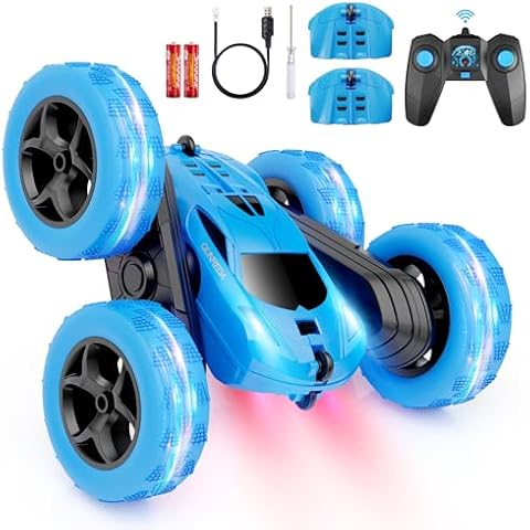 QUNREDA BlueRemote-Controlled Stunt Car – Vivid 4WD Toy with 360° Rotation, 2.4GHz Transmitter, Rechargeable Electric Racing Car, Headlights, Kids Birthday Surprise Cover