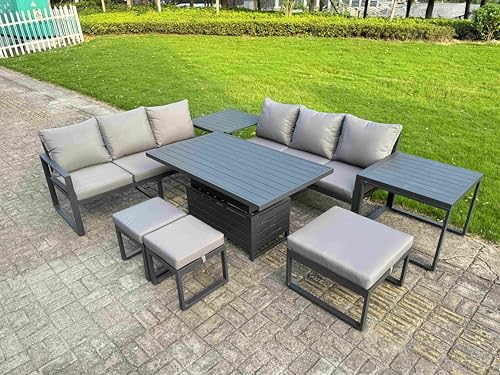 Image of FMSGarden 8 Pieces Garden Furniture Set Aluminium Adjustable Rising Lifting Dining Table and Sofa Set with 2 Side Tables 3 Footstools Dark Grey