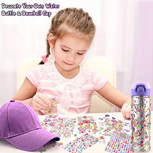 Gifts for Girls DIY Water Bottle and Baseball Cap, Decorate Your Own Water Bottle with Glitter Gem and Unicorn Stickers, Girls Birthday Present Age 4 5 6 7 8 9 10, Cap & Bottle Craft Kit for Kids Girl