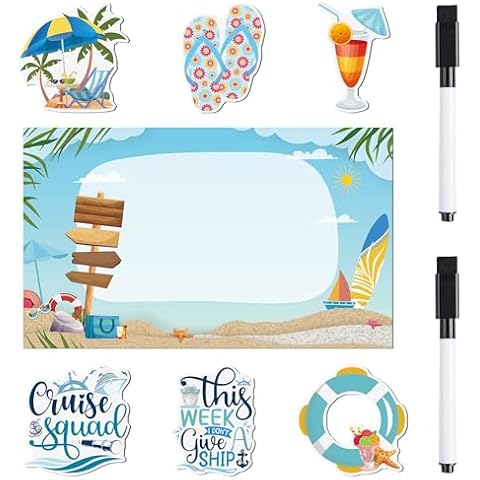 7 Pcs Cruise Ship Door Decorations Magnetic - Summer Beach Cruise Squad Funny Cruise Door Magnets, Cruise Ship Essentials Magnetic Stickers Decor for Cabin Door Fridge Carnival Party, with 2 Pcs Pen Cover