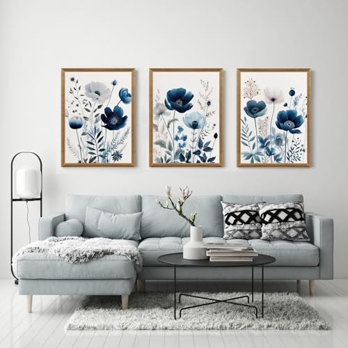 Image of DUWQU Triptych Navy Blue Watercolor Botanical Floral Wall Art 16x24 in x3