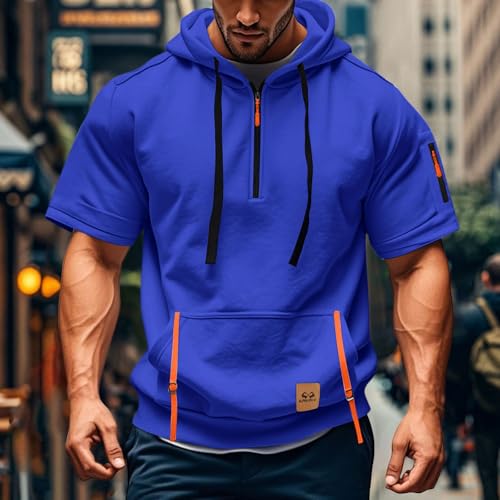 Short Sleeve Hoodies for Men Quarter Zip T-Shirts Gym Workout Athletic Hooded Work Big and Tall Shirts with Pocket2