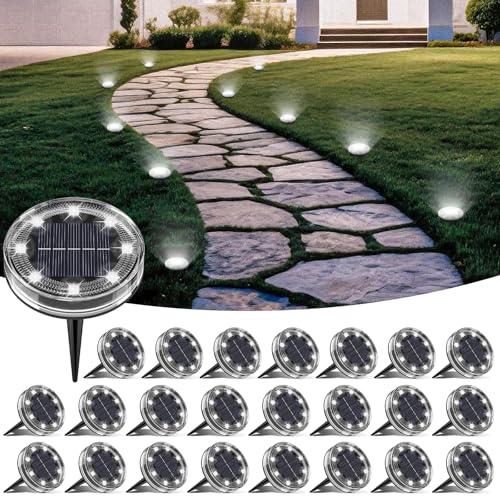 Image of LOTMOS Solar Lights Outdoor Garden, 24 Pack 8 LED Solar Ground Disk Light, IP65 Waterproof Garden Lights for Pathway Lawn Yard Patio Landscape Walkway (Cool White)