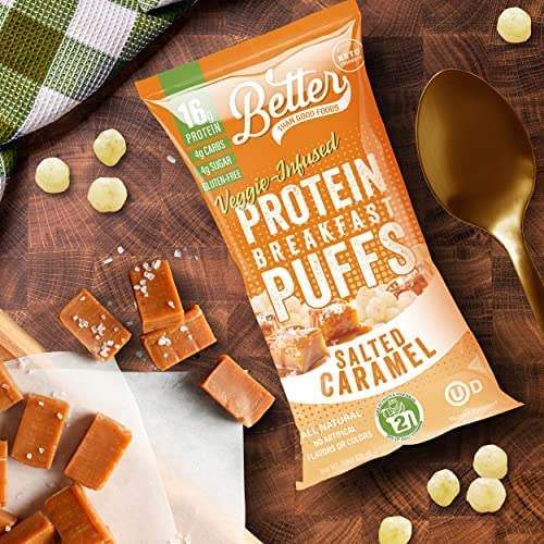 Better Than Good Sweet Keto, Gluten-Free Salted Caramel Protein Puffs (12-Pack) - Paleo, Low Sugar, Low Calorie, Diabetic Friendly Snacks | 16G Protein & 2 Servings Of Fruits & Veggies #TOP4