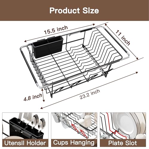Over the Sink Expandable Dish Drainer Drying Rack In Stainless Steel for Small Kitchen, Counter Space Saving Modern Compact Metal Above Plate Dryer Strainer, Adjustable Hanging Inside Drain Holder by romision - Image 2