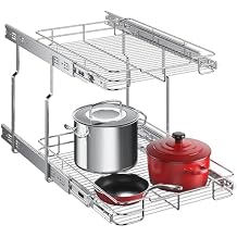 Delamu Pull Out Cabinet Organizer 2-Tier 14" W x 21" D Heavy Duty Chrome-Plated Slide Out Drawers, Kitchen Drawer Organizer Pull Out Shelves for Pots & Pans, Home Pantry Cans & Spices, Silver