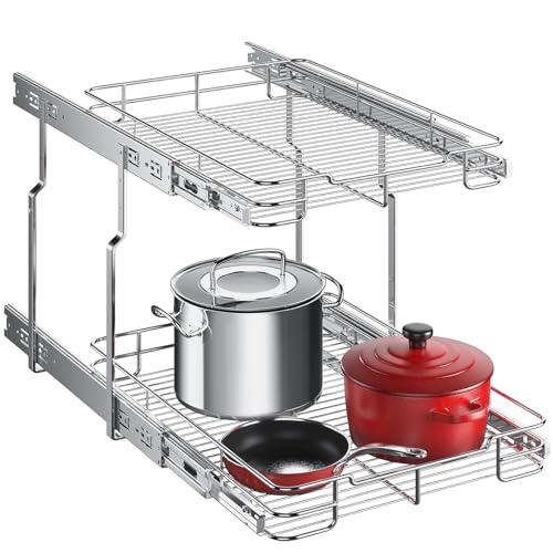 Delamu Pull Out Cabinet Organizer 2-Tier 14" W x 21" D Heavy Duty Chrome-Plated Slide Out Drawers, Kitchen Drawer Organizer Pull Out Shelves for Pots & Pans, Home Pantry Cans & Spices, Silver by Delamu - Used condition - US$44.17