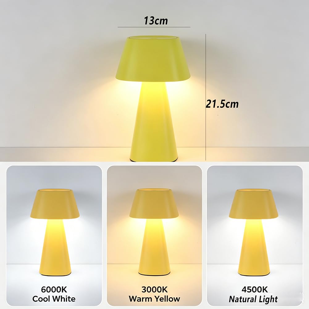LED Pilz Tischlampe Kabellos Dimmbar 3000K-6000K Pilzlampe Batterie USB Aufladbar mit Touch Control Nachttischlampe Innen und Außen Modern Acryl Lampenschirm für Wohnzimmer Schlafzimmer,Gelb