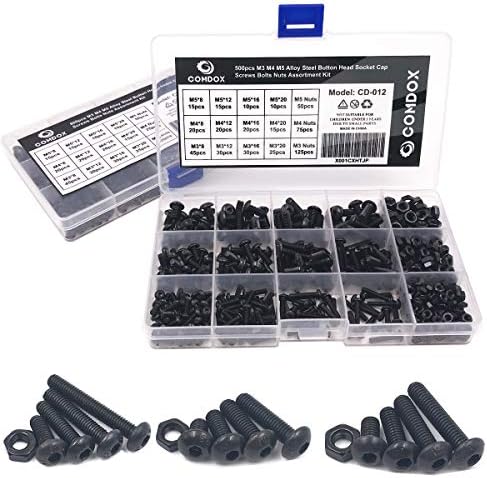 Comdox 500pcs Alloy Steel Socket Cap Screws Hex Head Bolt Nuts Assortment Kit with Box, M3 M4 M5 Thread Size, Black Oxide Finish (Button Head)