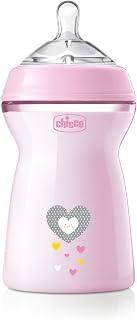 Chicco Natural Feeling Anti-Colic Baby Bottle 6 Months 330ml, Baby Bottle with Soft and Flexible Silicone Teat fits in combination with breastfeeding, Pink