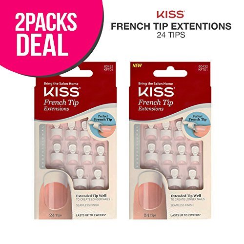 2 PACK !! Kiss French Tip Extensions 24 Tips (KFT01), Free Glue, Premium False Nails, Fashion Fake Nails