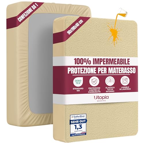 Utopia Bedding Coprimaterasso Singolo Impermeabile 90 x 190 x 40 cm, Certificato OEKO-TEX, Proteggi Materasso, Traspirante, Lavabile, Stile Montato Tutto Intorno Elastico Beige