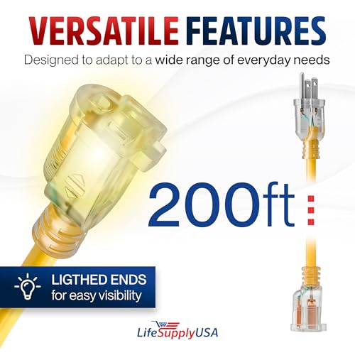 200ft Outdoor/Indoor Extension Cord 12/3 Gauge Extra Heavy Duty 3 Prong SJTW, Waterproof, Flexible Cold-Resistant Long Power Cord,8A 125V 1000W, Yellow by LifeSupplyUSA by LifeSupplyUSA - Image 6