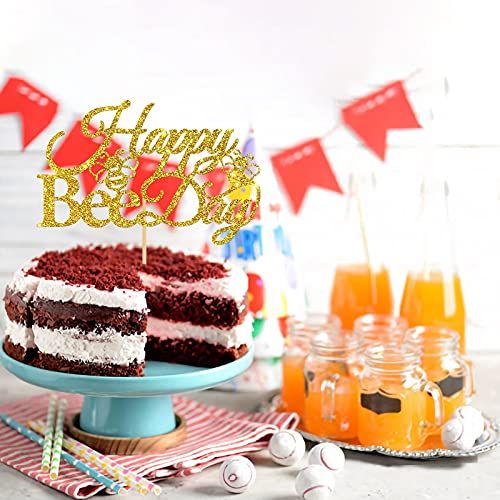 Innoru Glitter Happy Bee Day Cake Topper, Bumble Bee Themed 1St Birthday Party Supplies, Baby Shower Bee Party, New Mom, Wedding, Birthday Party Decoration Supplies, Gold #TOP4