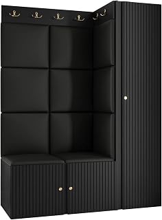 Mirjan24 Kirtan Slim IX - Juego de percheros (6 compartimentos, 6 compartimentos, panel acolchado, panel de pared, 4 ganchos dobles, perchero de pasillo), color negro