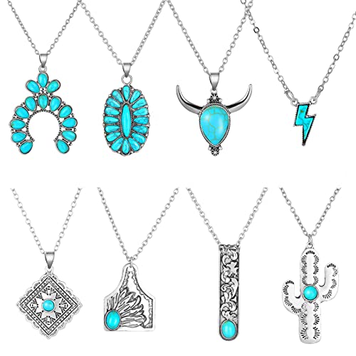 Kigeli 8 Pcs Turquoise Necklaces for Women Western Necklaces Jewelry Gift Bohemian Turquoise Pendant for Women