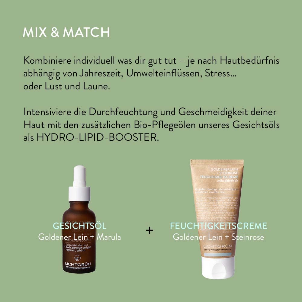 Set Hydro-Lipid-Boost, Feuchtigkeitscreme 50 ml und Gesichtsöl 30 ml, Gesichtspflege mit 70% Goldenem Bio-Leinöl, Marula und Squalan, für trockene Haut, vegan, Made in Germany