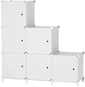 Cube Storage Organizer, 6-Cube Shelves Unit with Doors, DIY Stackable Plastic Clothes Organizer for Bedroom and Under Stairs Storage, 30 x 30 x 30 cm, White