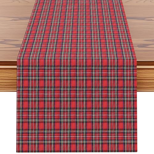 OTOSTAR Christmas Scottish Plaid Red Table Runner, Winter Xmas Holiday Farmhouse Kitchen Dining Home Party Check Tartan Table Decoration 13x90 Inch