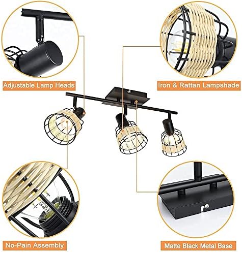Depuley Ceiling Spotlight, 3 Ways Adjustable Ceiling Light,Black Metal and Weaving Lampshade,E14 Sockets, Ceiling Light Fitting for Kitchen,Living Room,Bedroom,Dining Room,Hallway(Bulbs not Include)