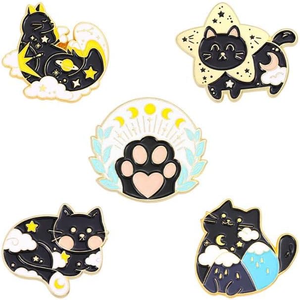 AbonitonCartoon Cat Enamel Pin Animal Brooch Romantic Black Cat Star Moon Cloud Badge Lapel Pin Brooch Badges Clothes Bag Jacket Accessory Women Men Kids Jewelry Gift, Metal
