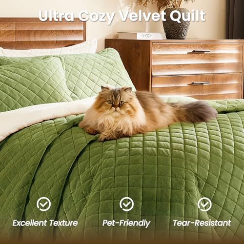 L'AGRATY Velvet Quilt King Size: 3-Piece Reversible Luxury Velvet Bedding Comforter Set - Lightweight Oversized Quilted Bedspread Coverlet with 2 Pillow Sham for All Season - Olive Green Quilt — view 5