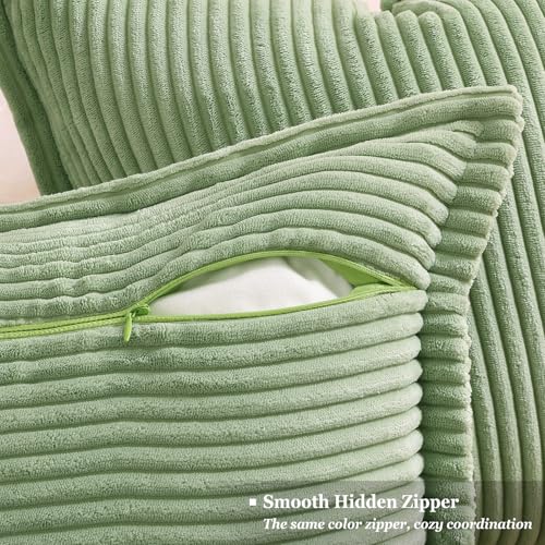 decorUhome Corduroy Sage Green Throw Pillow Covers 16x16 Set of 2 Decorative Soft Boho Striped Neutral Euro Farmhouse Couch Pillow Cases with Broadside for Living Room Bed Sofa