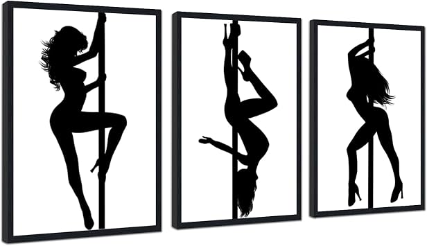 Set of 3 Framed Pole Dance Canvas Wall Art - Abstract Dancer Silhouette Prints Black White Sexy Woman Painting Modern Dance Wall Decor for Living Room Bedroom Bathroom Home Office, 24"x36"x3