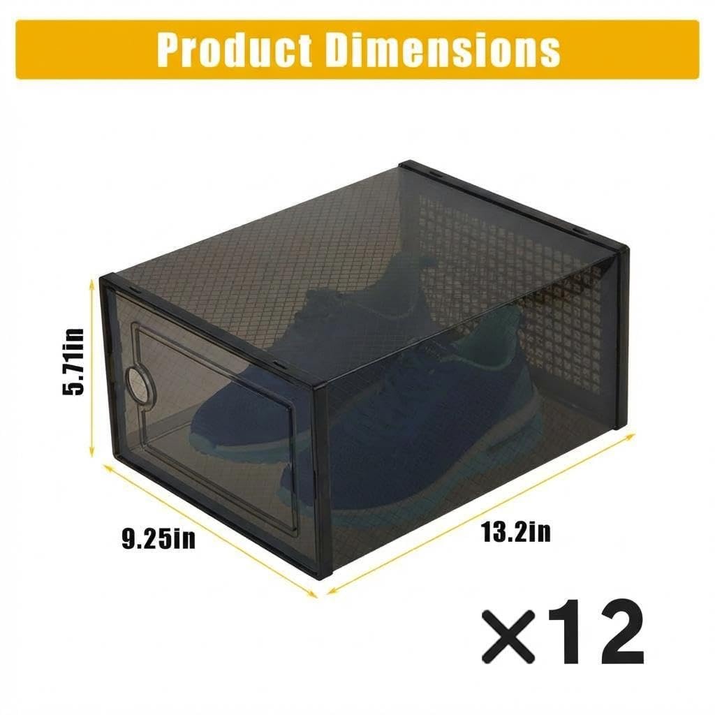 Garvee 12 Pcs Cajas De Zapatos, Organizador Zapatos De Plástico Transparente Apilables, Contenedores Organizadores De Zapatos Con Tapas Para Mujeres/Hombres,Negro
