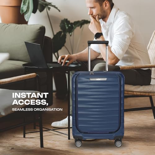 Image of Safari Select Aerolite 55 CM Small Cabin Navy Blue Front Open Hard Shell Double Spinner Trolley /Luggage Bag with TSA Lock, Dual 8 Wheels and Anti-Theft Zipper