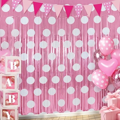Image of Tiamon 2 Pack Cartoon Mouse Party Decorations 3.3 x 6.6 Ft Foil Fringe Curtains Pink Polka Dot Birthday Backdrop Tinsel Streamers Photo Booth for Cartoon Mouse Baby Shower Birthday Party Supplies