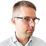Mini Brille Okulary do czytania w stylu vintage z dużymi szkłami, metalowa ramka i zauszniki z tworzywa sztucznego, pomoc w czytaniu dla kobiet i mężczyzn, czarny, 1.5