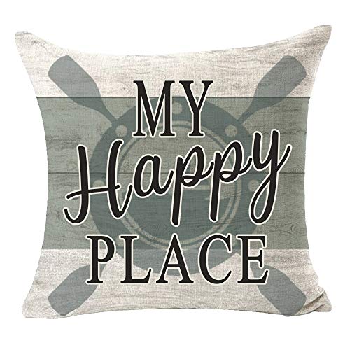 Itfro Set Of 4 Nice Summer Gift Lake House My Happy Place Home Sweet Welcome Oar Rudder Wood Grain Cotton Linen Square Throw Pillow Cover Cushion Case For Sofa Home Farmhouse Decor 18X18 Inches (Bb2) #TOP2