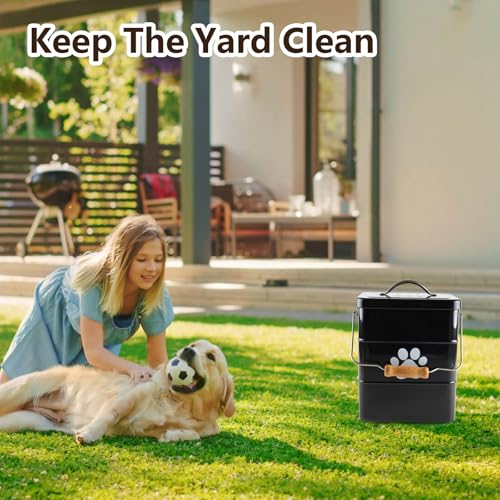 Brabtod Small Dog Poop Trash Can Outside,1.5Gal/6L Metal Dog Waste Trash Can with Lid/Filter/Handle,Pet Waste Container Bucket with 75 Trash Bags-Black