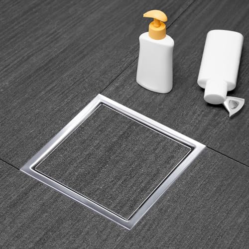 Elefloom Square Shower Drain, Silver Shower Drain 6 inch with Flange and 2 in 1 Tile-Insert Cover, AISI 304 Stainless Steel Shower Floor Drain with Hair Catcher and Flange