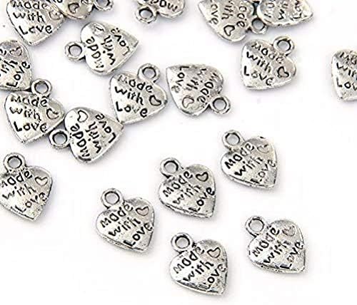 100 x MADE WITH LOVE Tibetan Silver Heart Charm Pendants - Antique Silver Jewellery Making Beading Crafting Findings Chloe and Tom