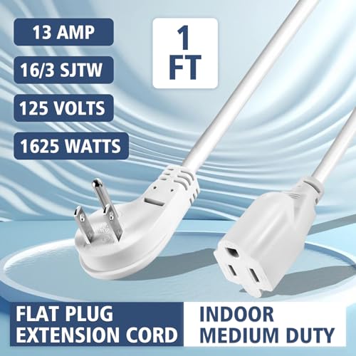 1875W Short Extension Cord,15A 14AWG Low Profile Flat Plug Heavy Duty Extension Cord Outlet Saver 3-Prong Grounded Power Extension Cable (White 3 Feet) - Thumbnail 7