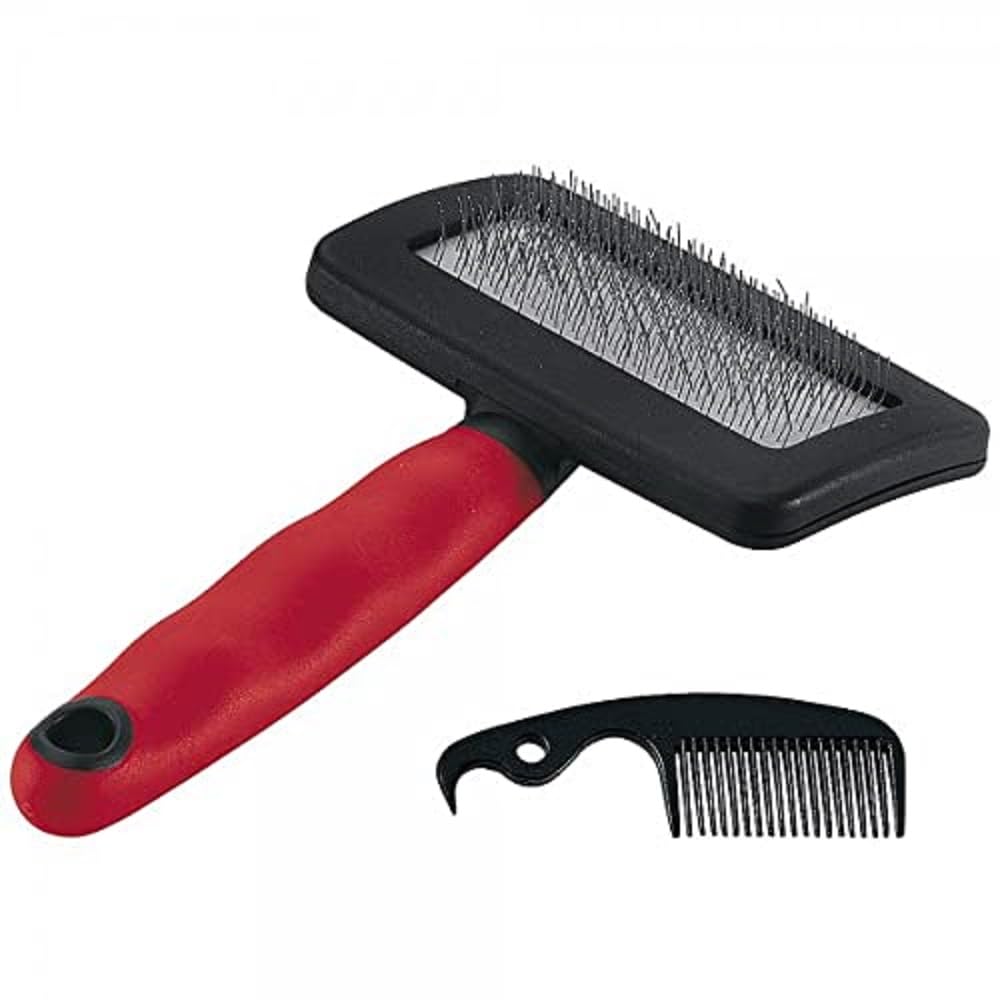 Ferplast Spazzola Cardatore per Cani - Pelo Medio e Lungo - Setole Inclinate e Testine Arrotondate, Acciaio Inox - Impugnatura Ergonomica Morbida - Pettine Extra Incluso - Misura M, Rosso