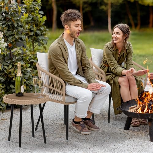 YITAHOME 3 Pieces Outdoor Wicker Patio Conversation Bistro Set, All-Weather Rattan Patio Furniture Set with Table & Cushions, Outdoor Sectional Sofa for Patio, Balcony, Backyard, Deck