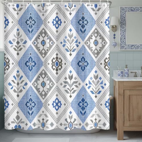 Fungarth Blue and White Tile Diamond Grid Shower Curtain 72 x 72 Inch