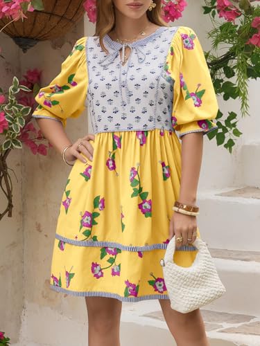 Image of Wenrine Womens Casual Floral Mini Dress Summer Patchwork Boho Shirt Dresses