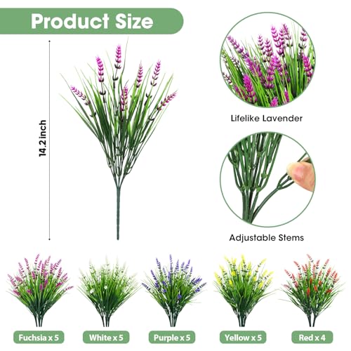 Image of Bassion 24 Bundles Fake Lavender Artificial Flowers for Outdoors, Mixed | UV resistant, plastic lavender with monkey grass, faux plants, home porch garden window box outdoor indoor decorations