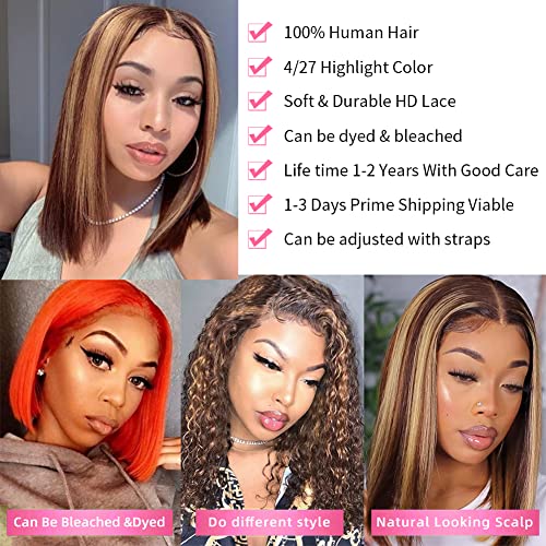 Highlight Ombre Bob Wig Human Hair 13X4 Hd Lace Frontal Pre Plucked With Baby 180% Density Blonde Front Wigs P4/27 Color Brown Honey Bob For Black Women 10Inch #TOP5