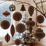 18Pcs Velvet Christmas Tree Ornaments Set, Brown Flocked Hanging Christmas Balls Ornaments, Shatterproof Decorative Hanging Balls Vintage Decorations Assortment for Xmas Tree Holiday Home Party Decor
