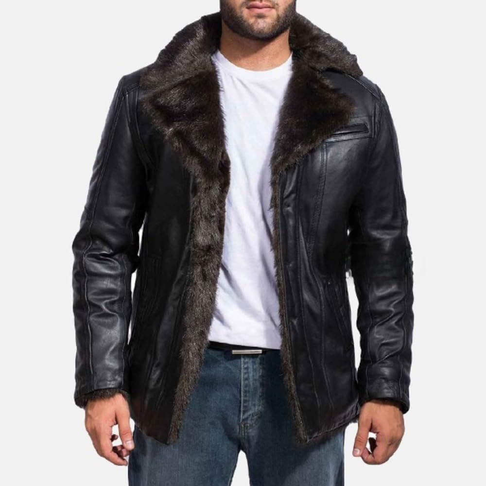 Men's Genuine Real Sheepskin Leather Casual Vintage Biker Trucker Jacket With Faux Fur Linning And Collar