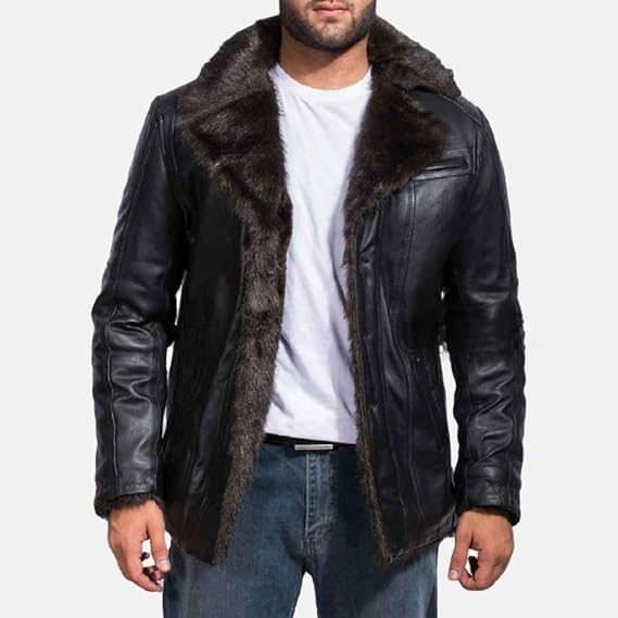 Men's Black Genuine Real Sheepskin Leather Jacket with Faux Fur Lining, Collar (US, Alpha, X-Small, Regular, Regular, Black)