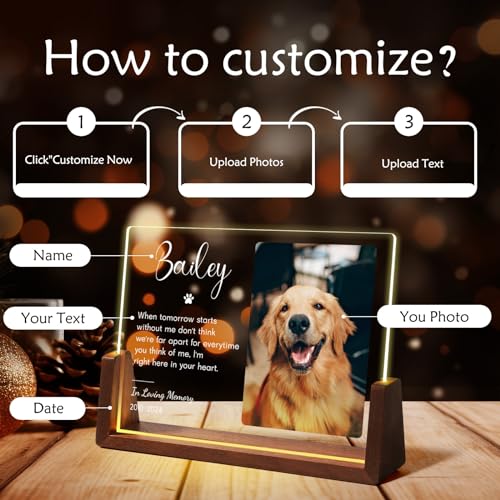 Jodimitty Personalisiert Haustier Gedenktafel aus Acryl, optionales LED-Licht und Holzsockel, mit Foto und Text, Gedenkgeschenke Bilderrahmen Andenken an verstorbenen Hund Katze (Stil C)